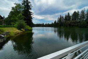 Camas' Lacamas Lake is viewed from a fishing pier near the Lacamas Lake Lodge on Monday, Aug. 8, 2022. (Kelly Moyer/Post-Record)