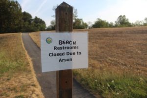 A sign informs William Clark Park visitors that the Cottonwood Beach restrooms are closed due to an act of arson that occurred in August. (Doug Flanagan/Post-Record)