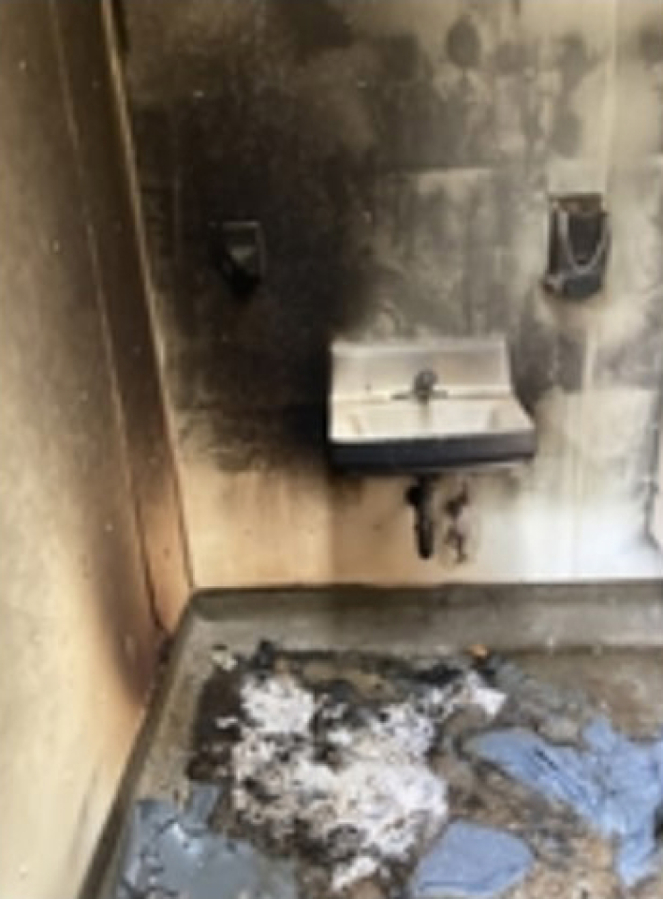 A women's bathroom at William Clark Park was damaged by fire on Wednesday, Aug. 10. (Contributed photo courtesy Washougal Police Department)