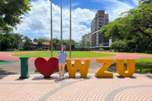 Aran O'Day, a senior at Camas High School, stands outside the Wenzao Ursuline University of Languages in Taiwan, during the summer of 2022. (Contributed photo courtesy of Aran O'Day)