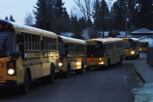 School buses sit outside Washougal High School in 2018. The Washougal School District is investigating a bus incident on Sept. 1, 2022, that allegedly caused injuries to multiple students. (Post-Record file photo)