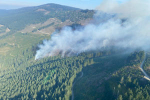 The Nakia Creek Fire burns on Tuesday, Oct. 11, 2022, near Larch Mountain, about 15 miles north of Camas-Washougal. The fire grew to 250 acres as of Tuesday. (Photo courtesy of Taylor Balkom/The Columbian)