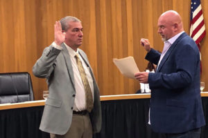 Washougal Mayor David Stuebe (right) administers the oath-of-office to newly appointed Washougal City Council member David Fritz (left) at Washougal City Hall on Monday, Oct. 24, 2022. (Contributed photo courtesy of the city of Washougal)