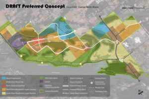 A "preferred concept" shows how the city of Camas' North Shore will likely develop: with a mix of residential (yellow, orange), mixed-use, commercial and mixed employment (brown, red, blue) uses near open space and parks land (green).
Graphic courtesy of the city of Camas