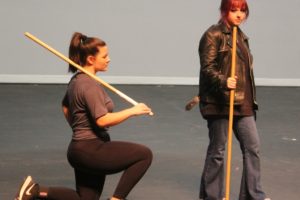 Claire Siefert (left) talks to PJ Hopmeier Mitchell during the Washougal High School drama department's rehearsal session for its upcoming production of "She Kills Monsters: Young Adventurers Edition" on Thursday, Nov. 2. (Doug Flanagan/Post-Record)