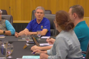 Screenshot by Doug Flanagan/Post-Record 
 The Washougal City Council votes on Dec. 5, 2022, to give City Manager David Scott (center) a three-year salary increase, beginning with a 3.5% pay bump on Jan. 1, 2023.