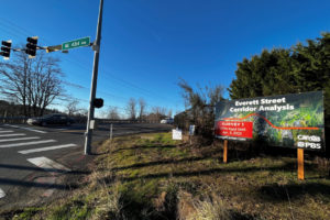 Drivers pass by a sign outlining information about the city of Camas' Everett Street Corridor Analysis at the intersection of Northeast Everett Street and Northeast 43rd Street in Camas on Sunday, Jan. 29, 2023. (Kelly Moyer/Post-Record)
