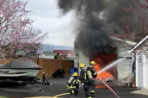 Camas-Washougal firefighters extinguish a garage fire on the 2200 block of Northwest Third Avenue in Camas on April 2, 2019. The city of Camas on May 1, 2023, joined a nationwide lawsuit against manufacturers of toxic 