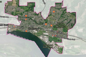 Contributed graphic city of Washougal 
 The city of Washougal has identified 10 possible stormwater projects (orange dots) where lack of stormwater infrastructure, aging infrastructure, or older designs may be contributing to ponding, hazardous conditions for maintenance, or poor water quality.