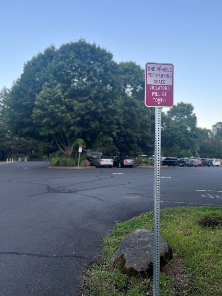 A "one vehicle per parking space" sign stands inside the parking lot at Heritage Park in Camas Thursday, Sept. 14, 2023.