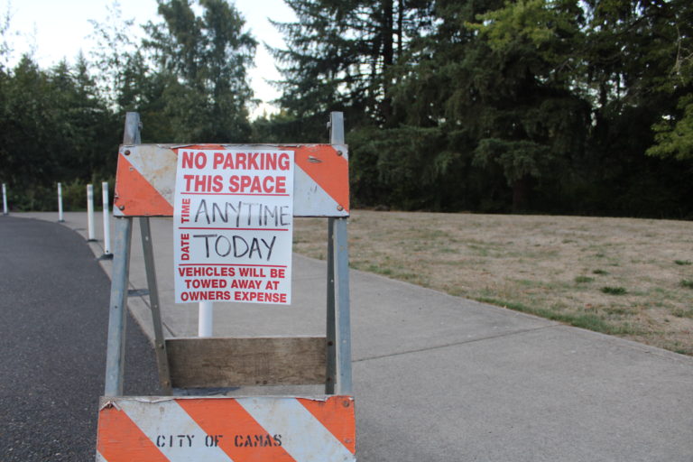 A "no parking" sign stands inside the parking lot at Heritage Park in Camas Thursday, Sept. 14, 2023.