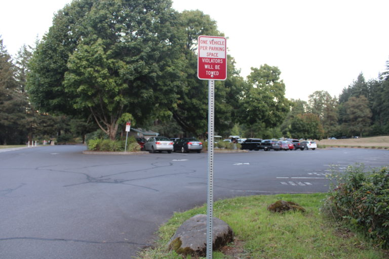 A "one vehicle per parking space" sign stands inside the parking lot at Heritage Park in Camas Thursday, Sept. 14, 2023.