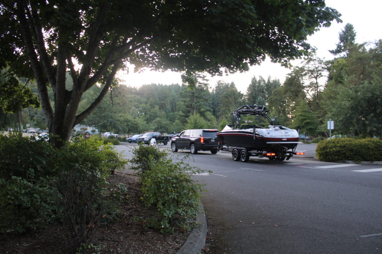 A truck pulls a boat from the parking lot of Heritage Park in Camas Thursday, Sept. 14, 2023.