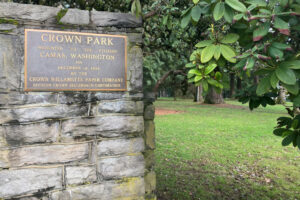 A Crown Park dedication sign welcomes visitors to the historic 1934 Camas park Thursday, Dec. 23, 2021. (Kelly Moyer/Post-Record files)