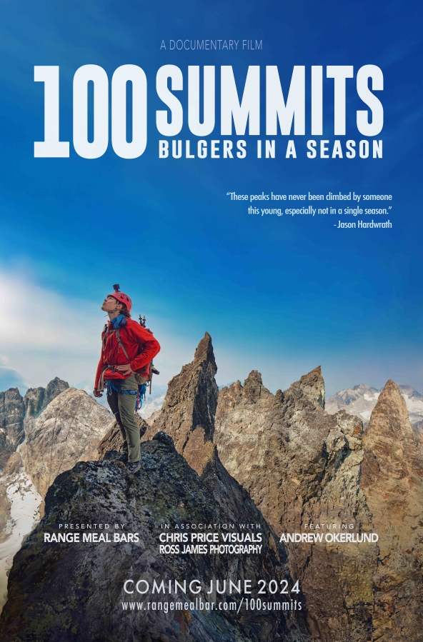 Camas native Andrew Okerlund stands on one of Washington state's highest mountain peaks in a movie poster for "100 Summits: Bulgers in a Season," a documentary detailing Okerlund's 2023 race to become the youngest climber to summit Washington's 100 tallest peaks in a single climbing season.