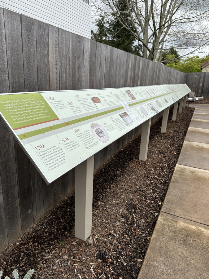 An historical timeline exhibit sits outside the Two Rivers Heritage Museum in Washougal in May 2024. The Washougal museum partnered with the Clark County Historical Museum to create the exhibit, which highlights Camas-Washougal historical events.