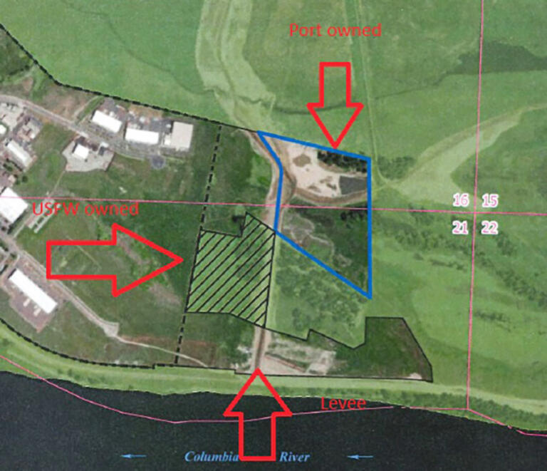 The Port of Camas-Washougal is negotiating a land-swap transaction that would give 18 acres of property (highlighted in blue) to the United States Fish and Wildlife Service in exchange for 11 acres (diagonal lines) near the Steigerwald National Wildlife Refuge.