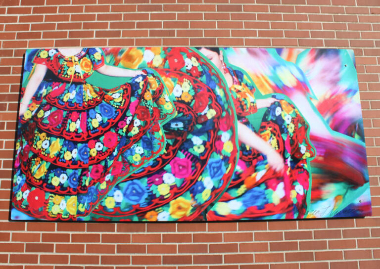 Artwork by Hayes Freedom High student Maria Navarro Alejandres adorns a wall at the intersection of Northeast Fifth Avenue and Northeast Cedar Street in downtown Camas, Thursday, May 23, 2024. The artwork is part of the new Camas Culture Art Block presented by the Downtown Camas Association and Ziply Fiber.