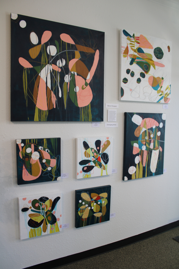 Abstract art by emerging artist Bianca Youngers hangs inside Gallery 408 in downtown Camas during the gallery&rsquo;s grand opening, Friday, May 31, 2024.