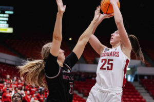 Washington State University forward Beyonce Bea attempts a shot during the Cougars’ Women’s Basketball Invitation Tournament game against Santa Clara on March 24, 2024. (Contributed photo courtesy of Ashley Davis/Washington State University)