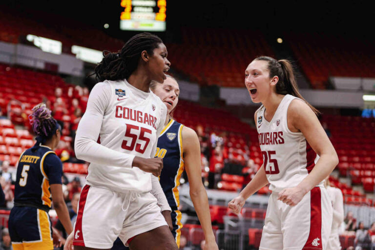 Contributed photo courtesy of Ashley Davis/Washington State University 
 Washington State University forwards Beyonce Bea (right) and Bella Murekatete celebrate during the Cougars&#039; Women&#039;s Basketball Invitation Tournament game against Toledo on March 28, 2024.