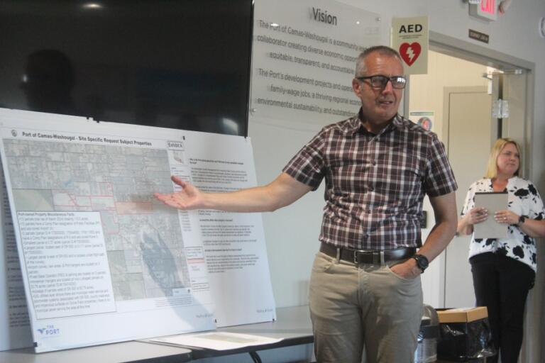 Doug Flanagan/Post-Record 
 Port of Camas-Washougal chief executive officer David Ripp talks about the Port&#039;s request to annex its Grove Field properties into Clark County&#039;s urban growth boundary during an open house on June 5, 2024.