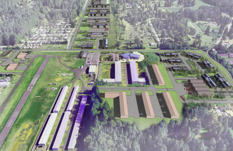 Contributed graphic courtesy Port of Camas-Washougal 
 The Port of Camas-Washougal recently released a rendering (above) of &quot;what Grove Field could look like&quot; after being developed, according to chief executive officer David Ripp. &quot;&quot;This rendering needs to be refined, but it shows the goals of the port for future development as well as being sustainable -- roof top solar,&quot; Ripp said.