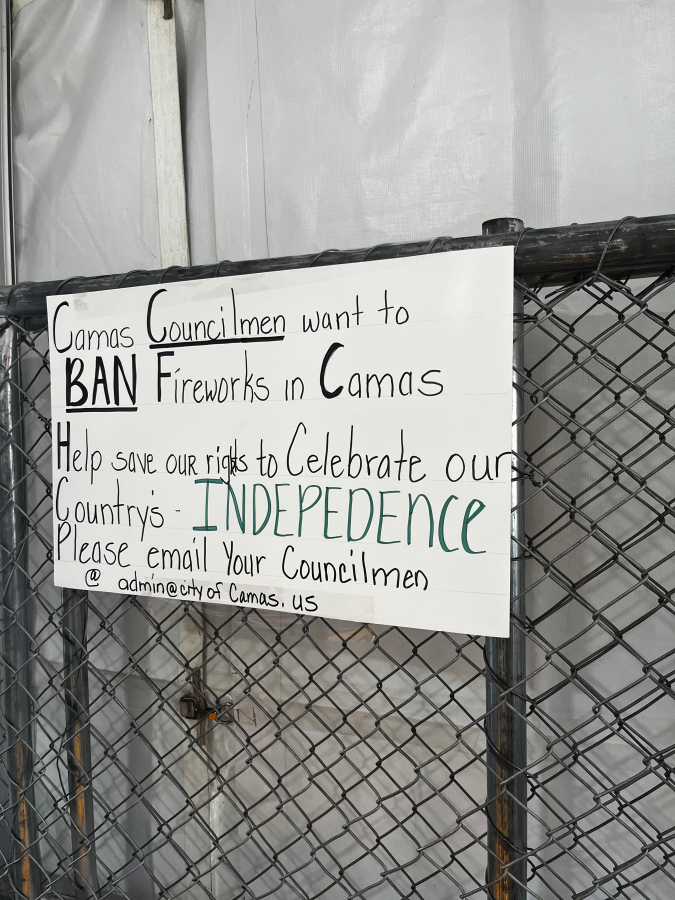 A sign inside Mean Gene Fireworks stand on Southeast Eighth Avenue in Camas, Tuesday, July 2, 2024, asks customers to email Camas City Council members in support of fireworks. The Council is contemplating a ban on the purchase, sale and discharge of mortar-style fireworks within Camas city limits, and will hold a public hearing in September. The decision would not ban all fireworks, just the mortar-style fireworks, and would not impact the Fourth of July holiday until July 4, 2026.