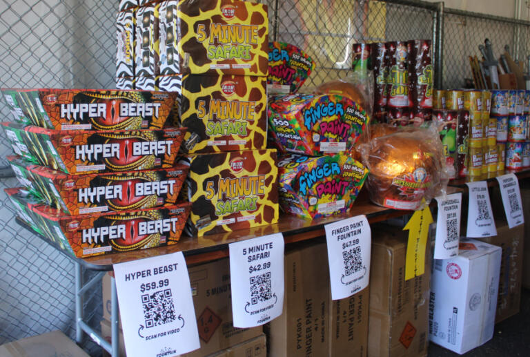 A variety of fireworks fill a table inside the Mean Gene Fireworks tent on Southeast Eighth Avenue in Camas, Tuesday, July 2, 2024.