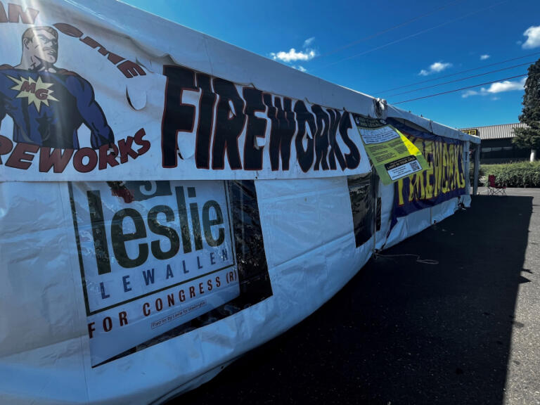 A sign touting Camas City Council member Leslie Lewallen&rsquo;s bid for Congress hangs on the outside of the Mean Gene Fireworks stand on Southeast Eighth Avenue in Camas, Tuesday, July 2, 2024.