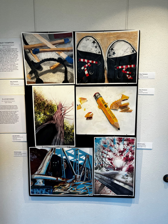 Artwork by Camas High School students is displayed inside the Camas Public Library's Second Story Gallery, Tuesday, July 2, 2024. The gallery will host high school artists through July and middle school artists Aug. 1-31 in 2024.