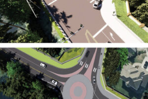 A rendering shows possible intersection improvements, including a traffic signal (top) and mini roundabout (bottom) at the corner of Northwest Sierra Street and Northwest Lake Road in Camas. (Illustration courtesy of the city of Camas)