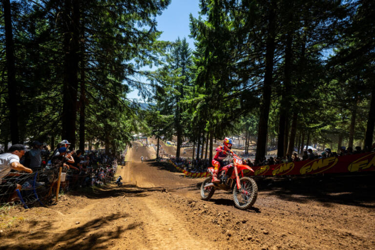 Jett Lawrence races to victory in the 450 class race at the 2023 Washougal National. Lawrence will not participate in this year&rsquo;s race due to an injured thumb.