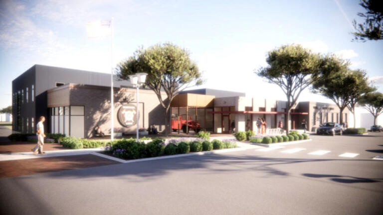 A rendering shows a design concept for the future Camas-Washougal Fire Department (CWFD) headquarters station in downtown Camas. Camas officials hope to build the new $26 million CWFD Fire Station 41 on city-owned land along Northeast Fourth Avenue, on a site currently housing City Hall Annex offices and a city staff parking lot.