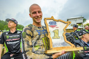 Washougal native Levi Kitchen holds a trophy after winning the 2024 FXR Spring Creek National in Millville, Minn., July 13, 2024. (Contributed photos courtesy of Andras Simon/Kawasaki USA)