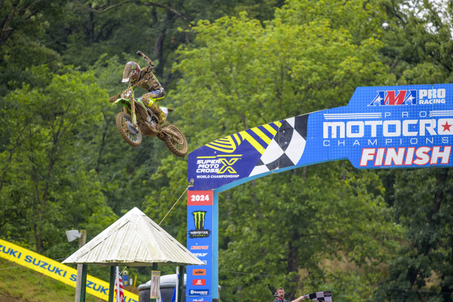 Washougal native Levi Kitchen pumps his fist after crossing the finish line in first place during the 2024 FXR Spring Creek National in Millville, Minn., July 13, 2024.