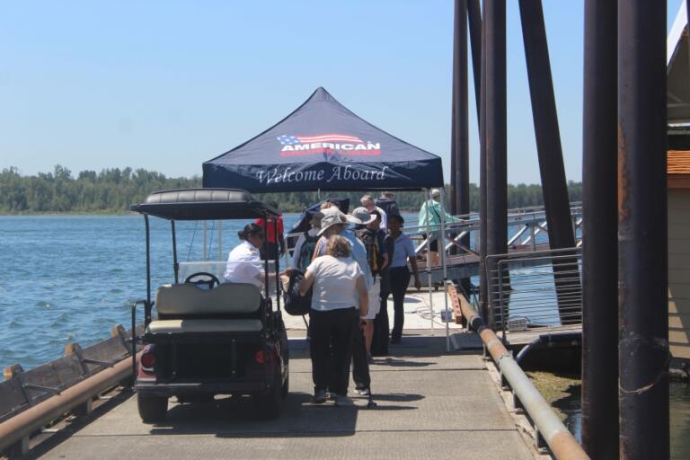 Tourists board the American Harmony at the Port of Camas-Washougal, July 19, 2024.