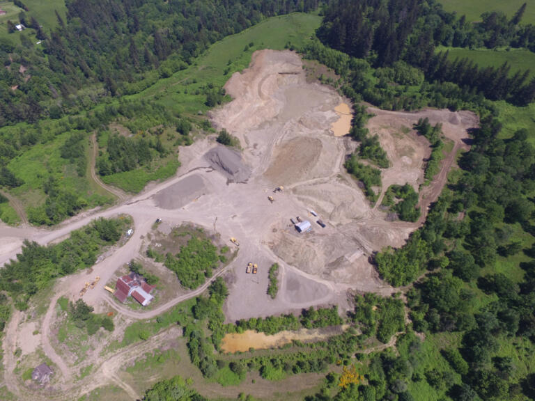 An aerial view of the Washougal quarry, located on Southeast 356th Avenue, in the Columbia River Gorge National Scenic Area.