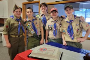 Boy Scout Troop 562 scouts (left to right) Alex Sample, Harris Royer, Vance Gooch, Reece Sample and Mac Clark gather after receiving their Eagle Scout awards in Camas, Aug. 10, 2024. (Contributed photo courtesy of Lisa Sample)