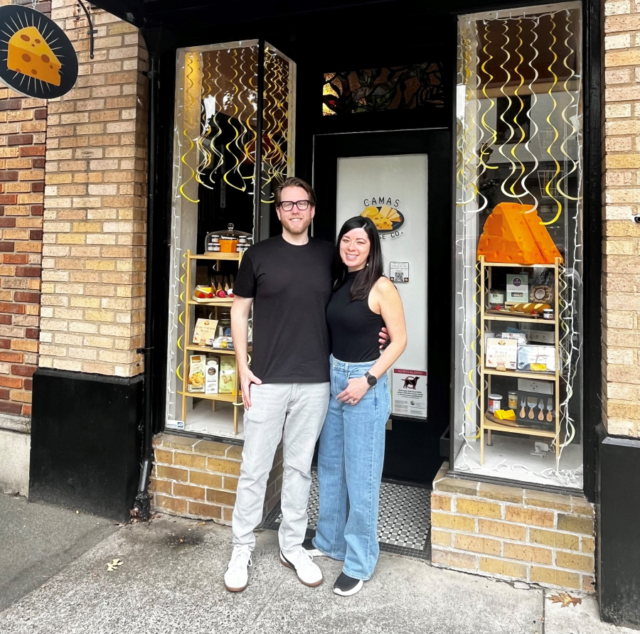 Andy and Tiffany Regan stand in front of their newly opened Camas Cheese Co. shop at 231 N.E. Fourth Ave., in downtown Camas, Monday, Aug. 12, 2024. (Photos by Kelly Moyer/Post-Record)