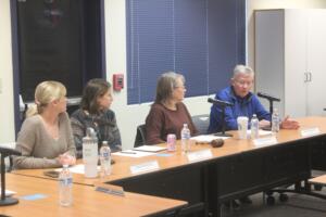 The Washougal School District is seeking a board member to replace Angela Hancock (second from right) and join board members Sadie McKenzie (left), Ida Royer (second from left), Chuck Carpenter (far right) and Jim Cooper (not pictured). (Doug Flanagan/Post-Record)