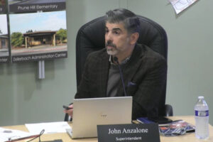 Camas School District Superintendent John Anzalone addresses the Camas School Board during the Board's regular meeting, Monday, Aug. 26, 2024. (Screenshot by Kelly Moyer/Post-Record) 