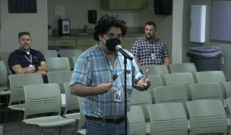 Camas Education Association Vice President Michael Sanchez, a teacher at Skyridge Middle School, addresses the Camas School Board during the Board's regular meeting, Monday, Aug. 26, 2024.