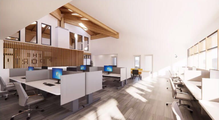 Screenshot by Doug Flanagan/Post-Record 
 Portland-based YBA Architects presented conceptual renderings of a renovated Port of Camas-Washougal administrative office (above) to the Port commission on Sept. 17.