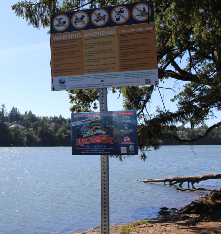 A sign posted near Lacamas Lake in Camas warns visitors of the presence of a toxic algal bloom on Thursday, Aug. 29, 2024.