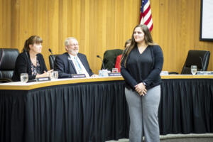 City of Washougal student representative Mariah Moran (right) speaks to the Washougal City Council during a meeting on Jan. 14, 2020. (Contributed photo courtesy of Michele Loftus)