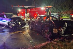 A collision at the intersection of Northwest Lake Road and Northwest Parker Street in Camas, Sunday, Sept. 8, 2024, involving an on-duty Camas Police Department officer caused extensive damage to both vehicles, but only minor injuries to all occupants of the vehicles, including Camas police officer Casey Handley. (Contributed photo courtesy of the Camas Police Department) 