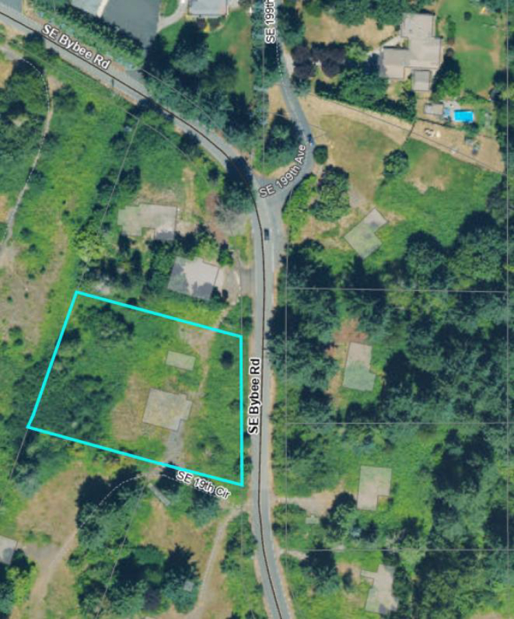 A map shows the location of a proposed road realignment along Southeast Bybe Road in Camas, near the planned site of a new Church of Jesus Christ of Latter-day Saints temple.