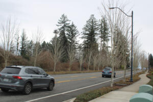 Cars drive past the Kielo at Grass Valley apartments off Northwest 38th Avenue in west Camas, near undeveloped land owned by the Church of Jesus Christ of Latter-day Saints, on Monday, March 11, 2024. (Kelly Moyer/Post-Record files)