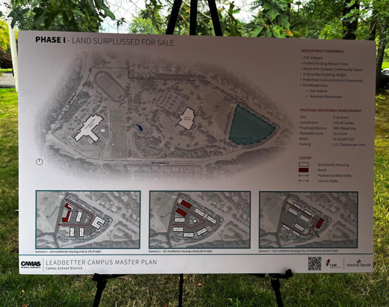 An illustration shown during the Camas School District's open house on Tuesday, Sept. 10, 2024, to discuss the District's plan for its Leadbetter campus, located on the site of the former Underwriters Laboratories (UL) off Northwest Leadbetter Drive in Camas, shows the District's Phase 1 plans, which include selling about 9 acres of surplus land on the site for a mixed-use development to help fund later phases of the Leadbetter campus redevelopment.